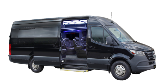 Mercedes Sprinter Executive Coach black exterior black with doors open for look at the interior.