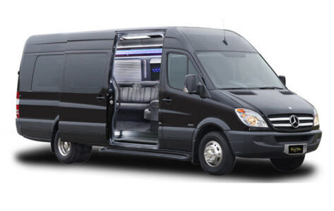 Mercedes Sprinter Executive Coach black exterior black with doors open for look at the interior.