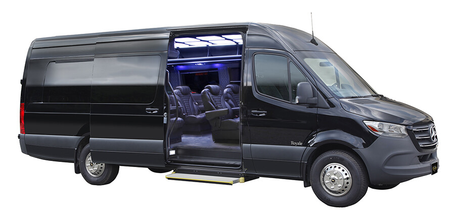 Exterior shot of Mercedes Luxury Sprinter Van with doors open. Available for limo rentals at Boston Chauffeur