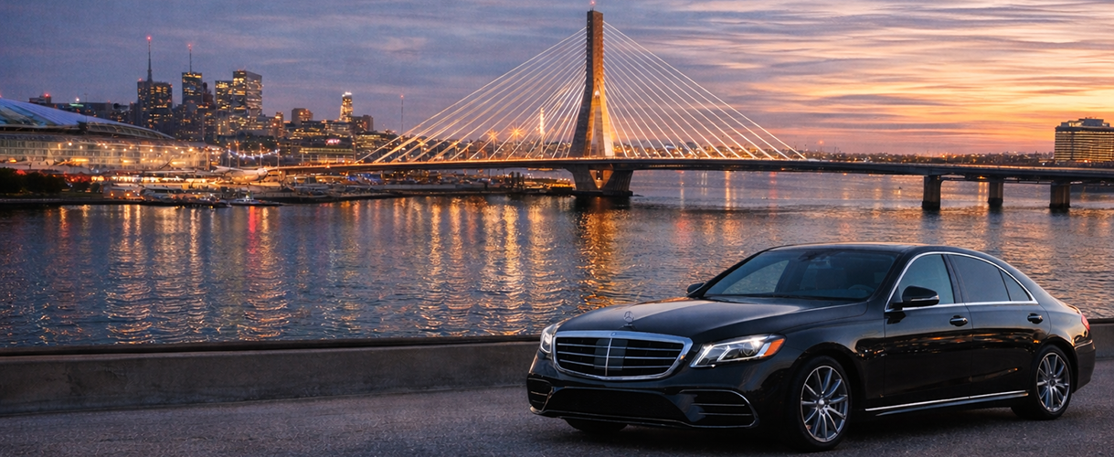 Black Mercedes Sedan in front of a Twilight sky over Boston with ZakimBridge