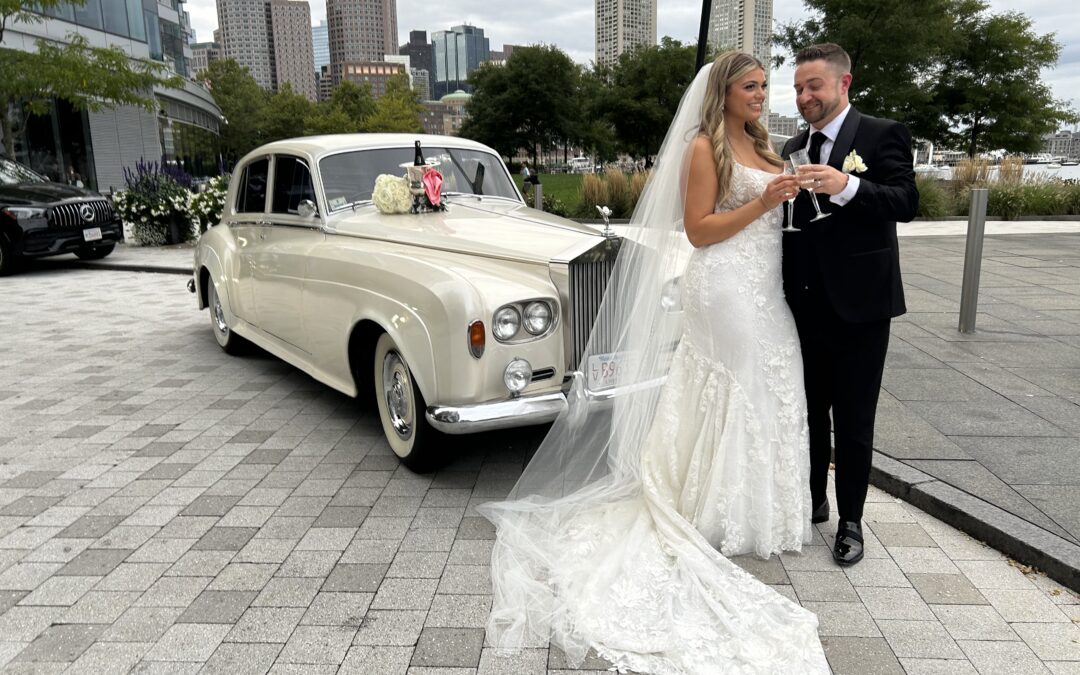 Bride and groom in front of vintage Rolls Royce - Boston Chauffeur Wedding transportation